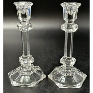 Set of 2 Vintage Clear Crystal Candlesticks for Pillar Candles 7.5 Inches Tall